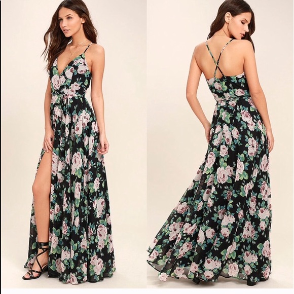 Lulus Dresses & Skirts - ❤️Legendary Romance Black Floral  Wrap Maxi Dress